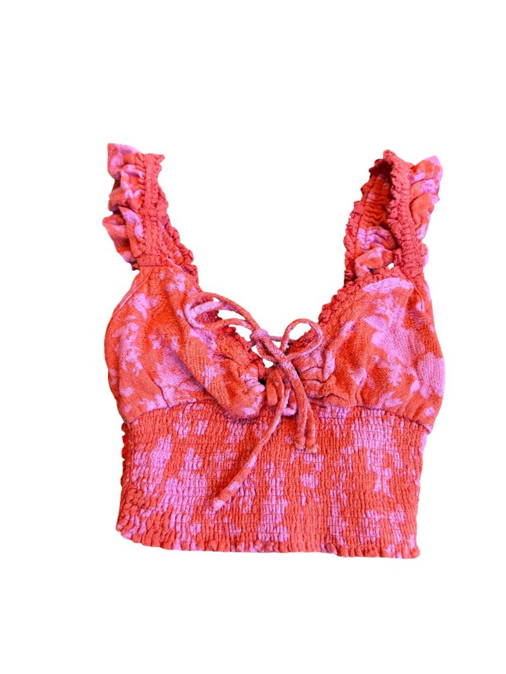 Olivaceous Coral Pink Floral Crop Top Smocked Ruffle Strap Size XS Women's